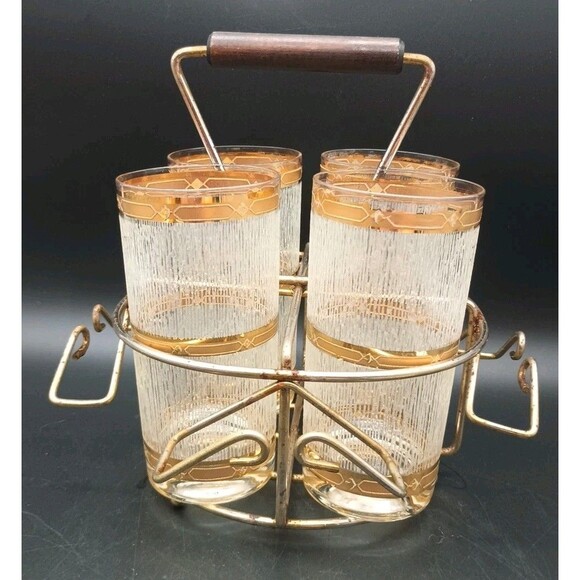 4 Vtg Culver 22kt Highball Icicle Bark Texture Gold Bands With Brass Caddy - Picture 1 of 10